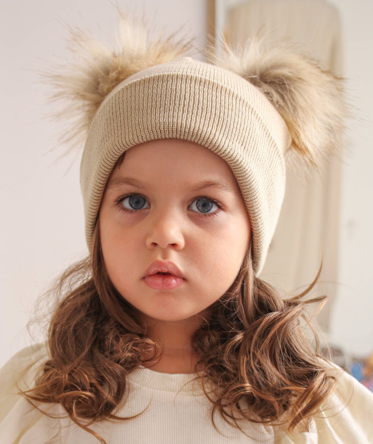 Beige Pom Pom Baby/Kid's Beanie