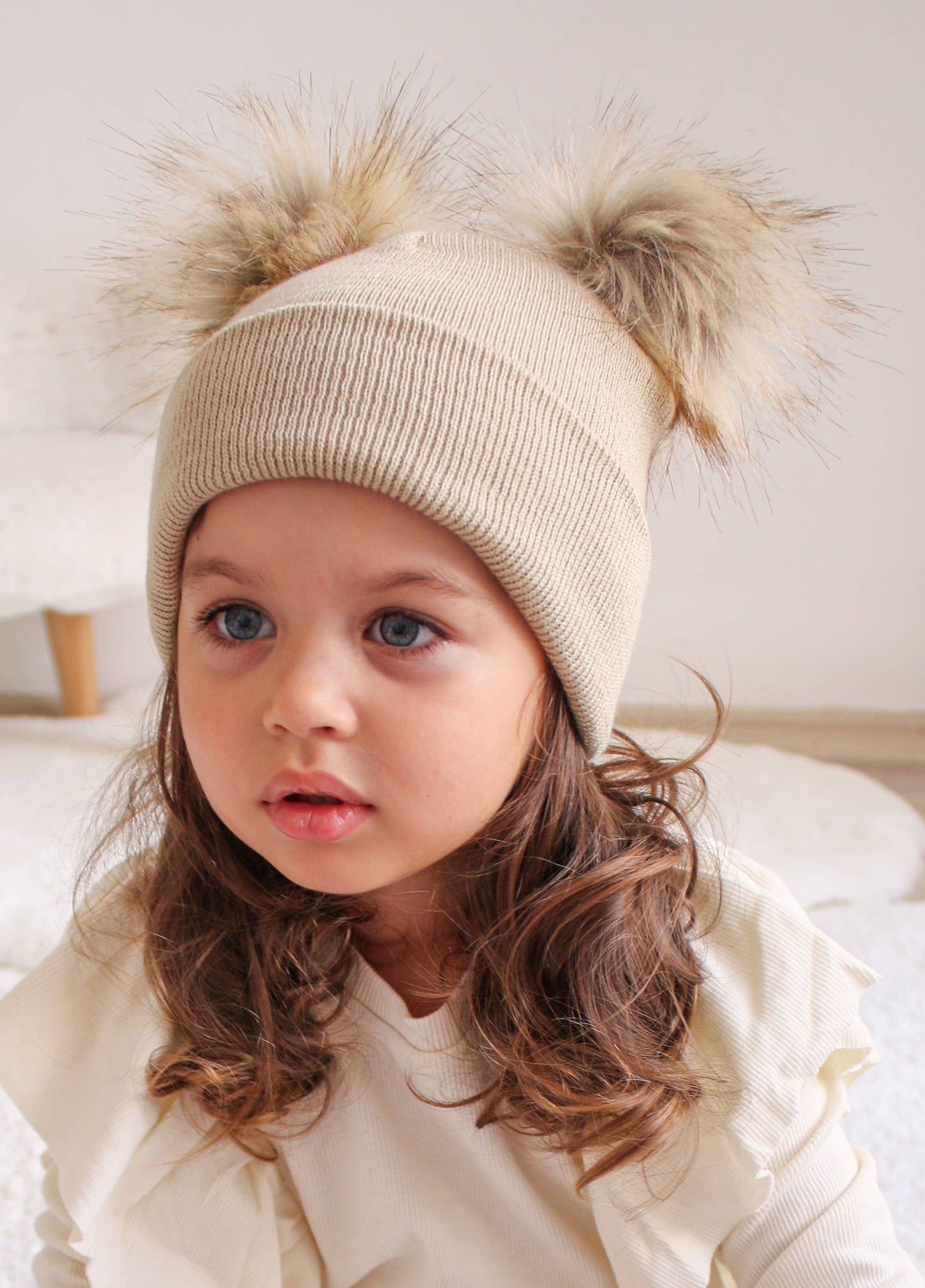 Beige Pom Pom Baby/Kid's Beanie