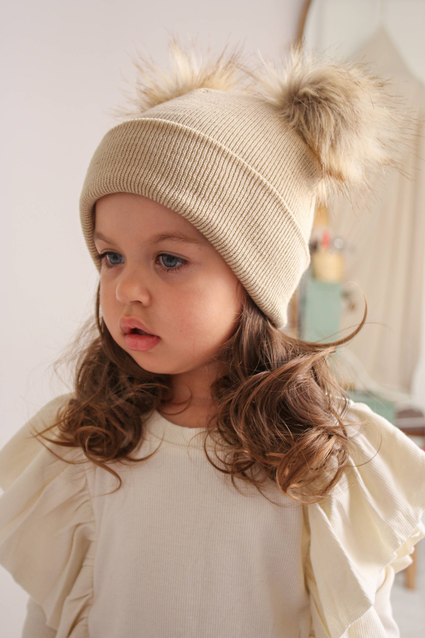 Beige Pom Pom Baby/Kid's Beanie